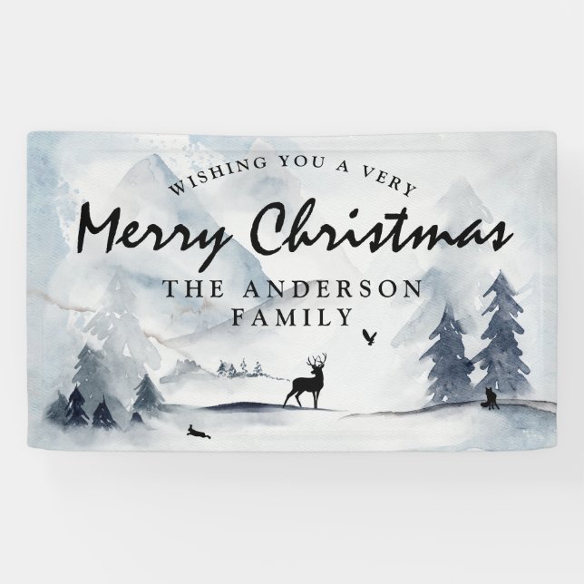 Watercolor Winter Woodland Merry Christmas Banner (Horizontal)