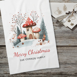 Watercolor Winter Woodland Merry Christmas Family Tea Towel