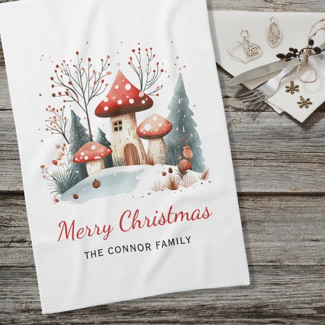 Watercolor Winter Woodland Merry Christmas Family  Tea Towel (Creator Uploaded)