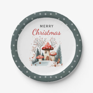 Watercolor Winter Woodland Merry Christmas Paper Plate