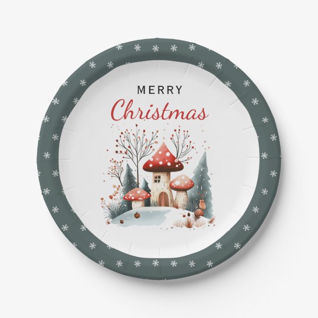 Watercolor Winter Woodland Merry Christmas Paper Plate (Front)