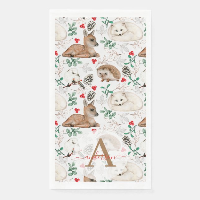 Watercolor Winter Woodland Monogrammed Christmas Napkin (Front)
