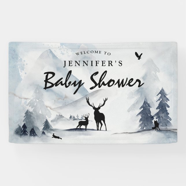 Watercolor Winter Woodland Mountains Baby Shower Banner (Horizontal)