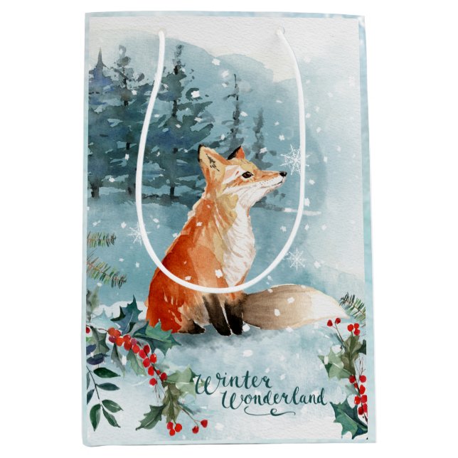Watercolor winter woodland scene, fox Christmas Medium Gift Bag (Front)