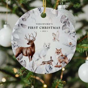 Watercolor Winter Woodland Wildlife 1st Christmas Ceramic Tree Decoration