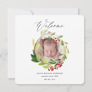 Watercolor winter wreath birth announcement