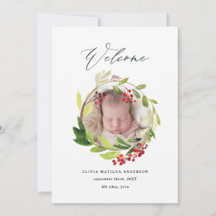Watercolor winter wreath birth announcement
