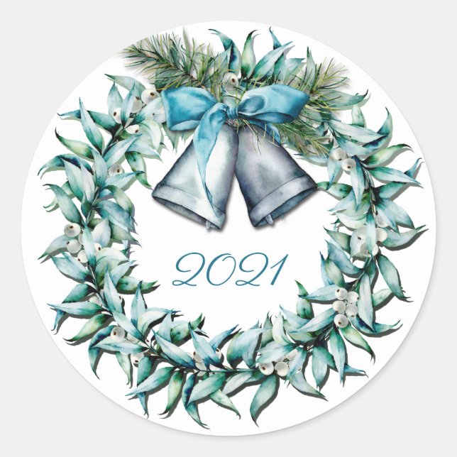 Watercolor Winter Wreath Classic Round Sticker (Front)