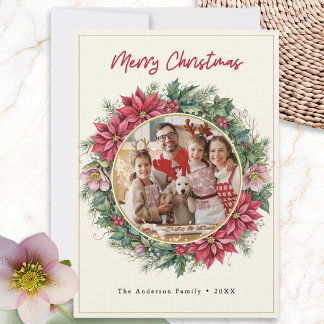 Watercolor Winter Wreath Elegant Merry Christmas Holiday Card