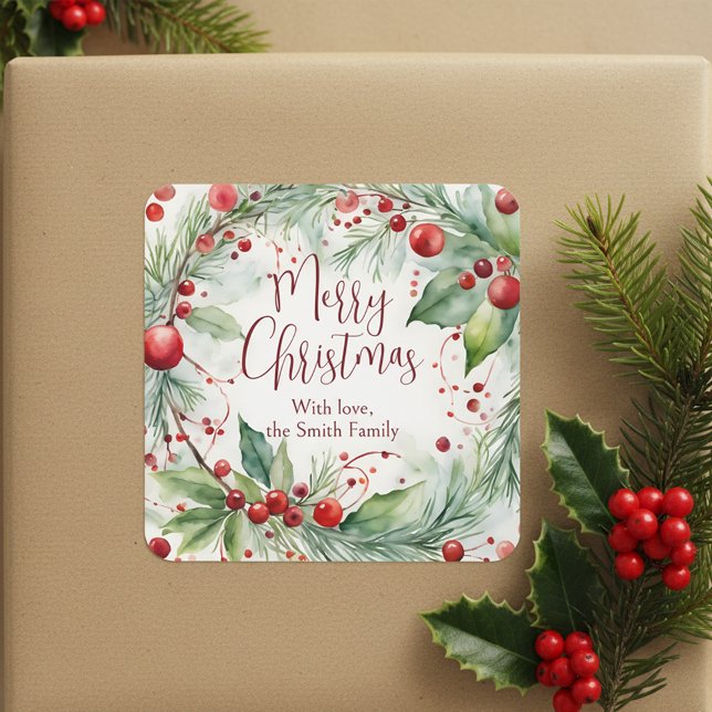 Watercolor Winter Wreath Merry Christmas Holiday Square Sticker (Creator Uploaded)