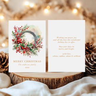 Watercolor Winter Wreath with Red Berrie Christmas Holiday Card
