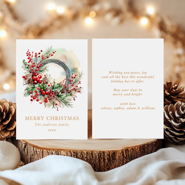 Watercolor Winter Wreath with Red Berrie Christmas Holiday Card (Creator Uploaded)