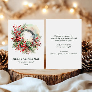 Watercolor Winter Wreath with Red Berrie Christmas Holiday Card
