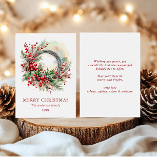 Watercolor Winter Wreath with Red Berrie Christmas Holiday Card