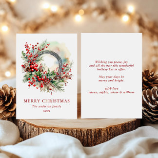 Watercolor Winter Wreath with Red Berrie Christmas Holiday Card
