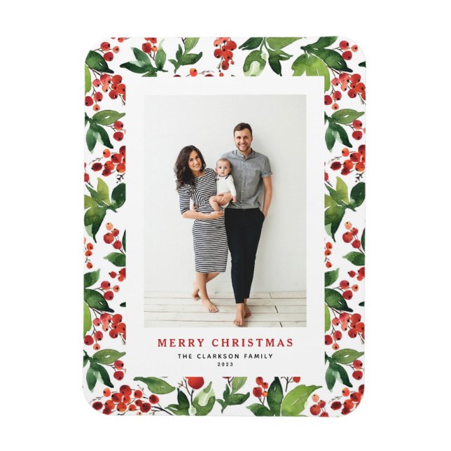 Watercolor Winterberries Merry Christmas Photo Magnet (Vertical)