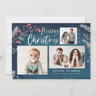 Watercolor Winterberries Silver Foil Pine Holiday Card