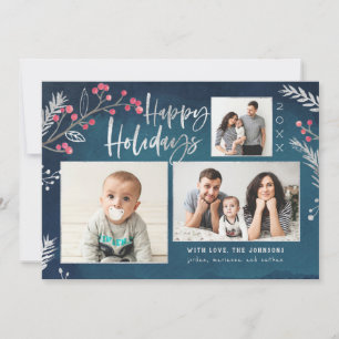 Watercolor Winterberries Silver Foil Pine Holiday Card