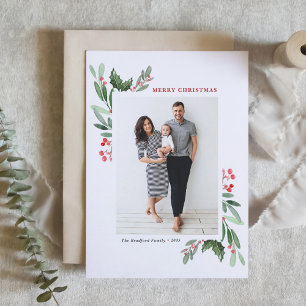 Watercolor Winterberry and Holly Photo Christmas Holiday Card