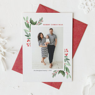 Watercolor Winterberry and Holly Photo Christmas Holiday Card
