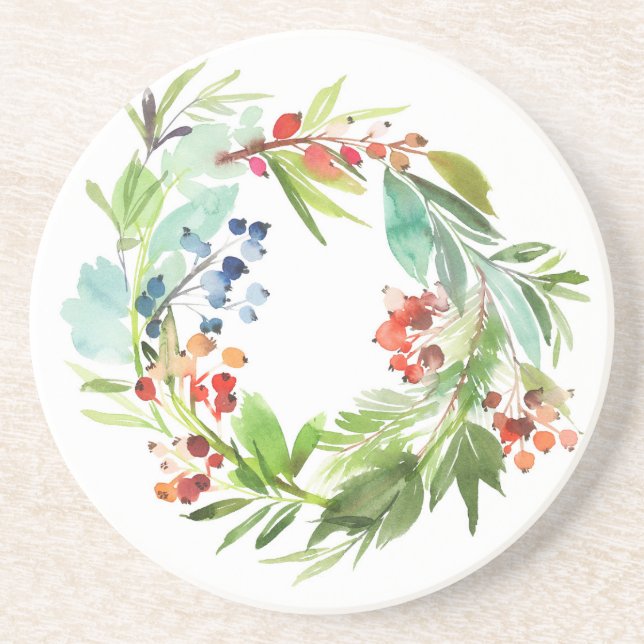Watercolor Winterberry Holly and Juniper Christmas Coaster (Front)