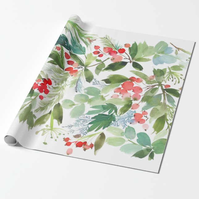 Watercolor Winterberry Holly Christmas Pattern Wrapping Paper (Unrolled)
