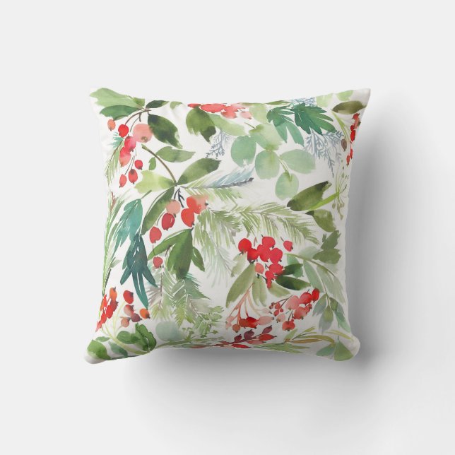 Watercolor Winterberry Holly Pattern Christmas Cushion (Back)