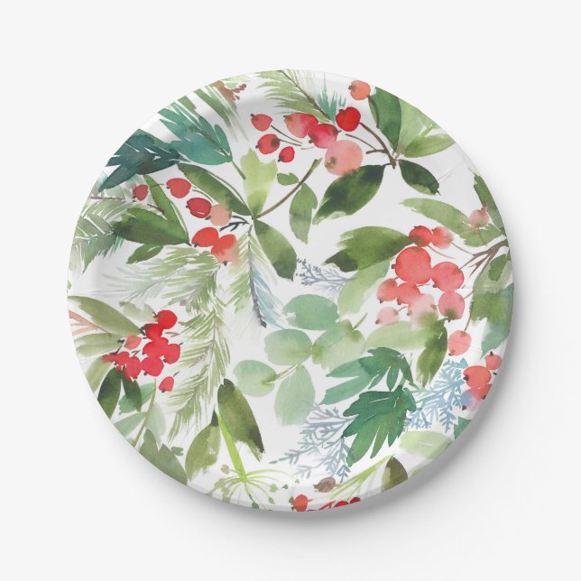 Watercolor Winterberry Holly Pattern Christmas Paper Plate (Front)
