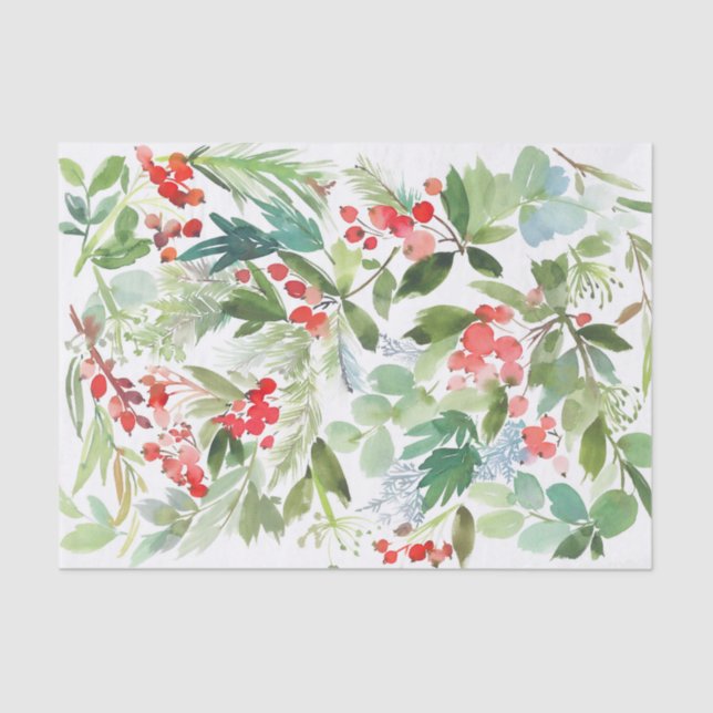 Watercolor Winterberry Holly Pattern Christmas Tissue Paper (Front)