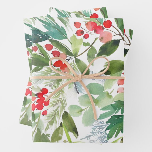 Watercolor Winterberry Holly Pattern Christmas Wrapping Paper Sheet (In situ)
