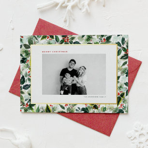 Watercolor Winterberry Variegated Leaves Christmas Foil Holiday Card