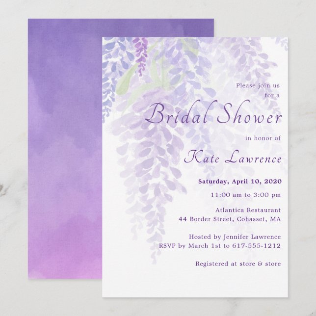 Watercolor Wisteria Blooms Bridal Shower Invitation (Front/Back)