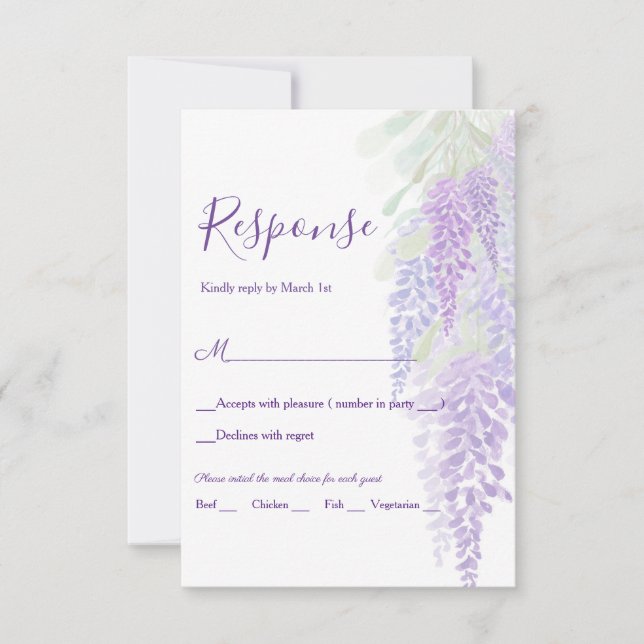 Watercolor Wisteria Blooms Romantic Wedding RSVP Card (Front)