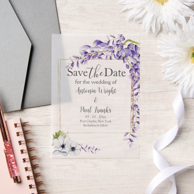 Watercolor Wisteria Blooms Wedding Save the Date Vellum Invitations (Wedding)