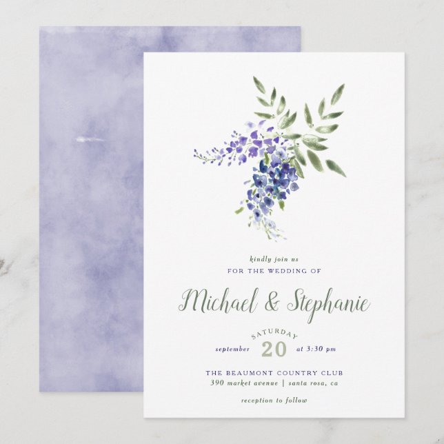Watercolor Wisteria Bouquet Wedding Invitation (Front/Back)