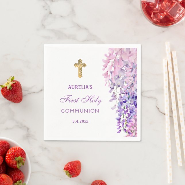 Watercolor Wisteria First Communion Napkin (Insitu)