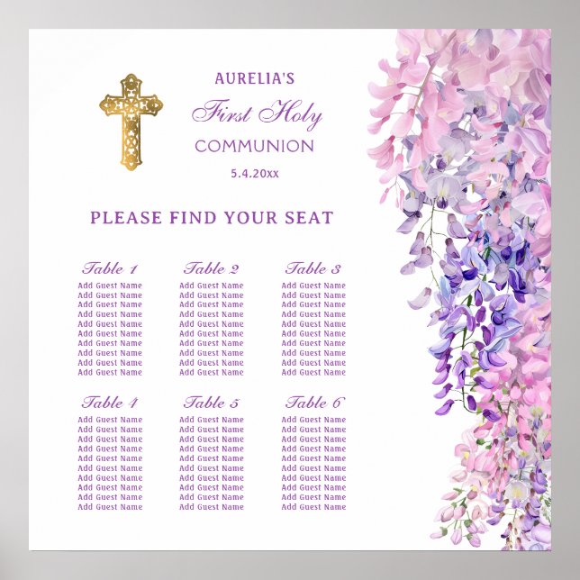Watercolor Wisteria First Communion Seating Chart (Front)