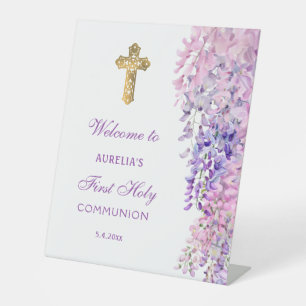 Watercolor Wisteria First Communion Welcome Pedestal Sign