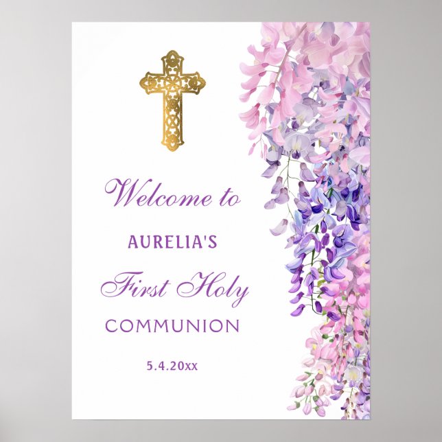 Watercolor Wisteria First Communion Welcome Poster (Front)