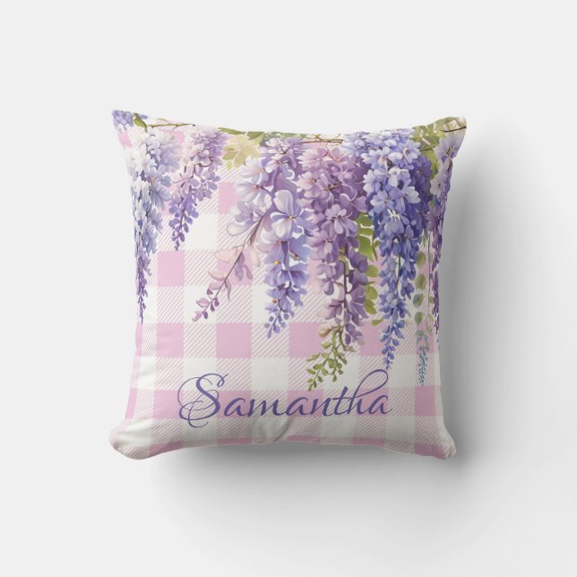 Watercolor wisteria floral pink white check cushion (Front)