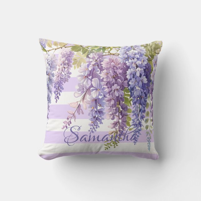 Watercolor wisteria floral purple stripped cushion (Front)