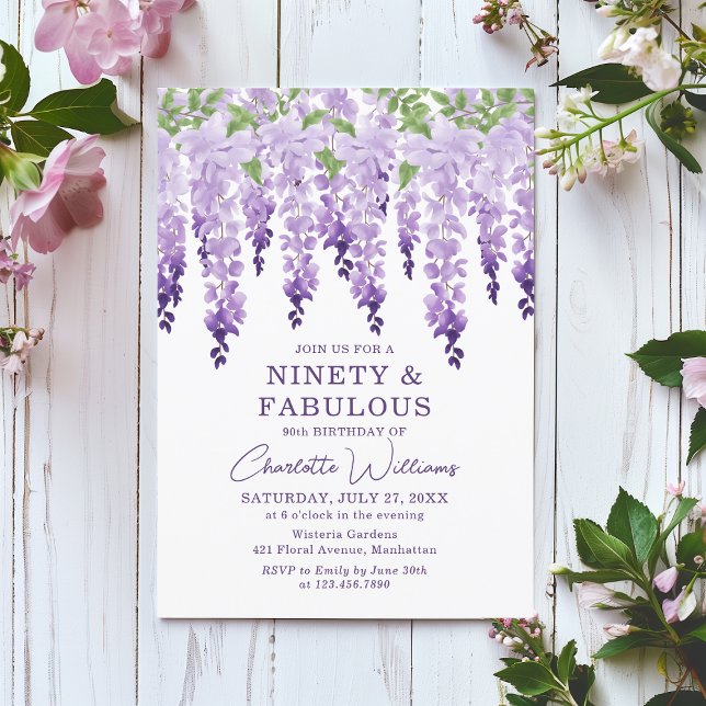 Watercolor Wisteria Ninety & Fabulous Floral Chic Invitation (Creator Uploaded)