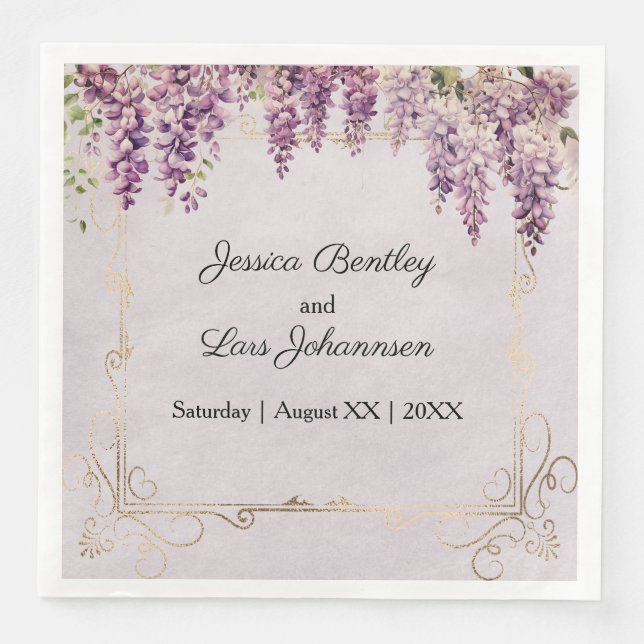 Watercolor Wisteria on Lavender Wedding Napkin (Front)