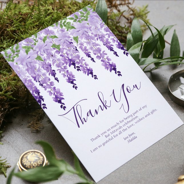 Watercolor Wisteria Photo | Bat Mitzvah Thank You Card (Creator Uploaded)