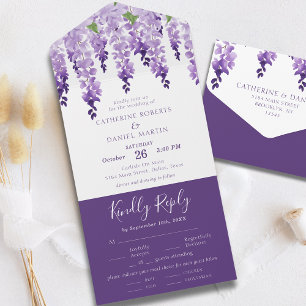 Watercolor Wisteria Purple Lilac Floral Wedding All In One Invitation