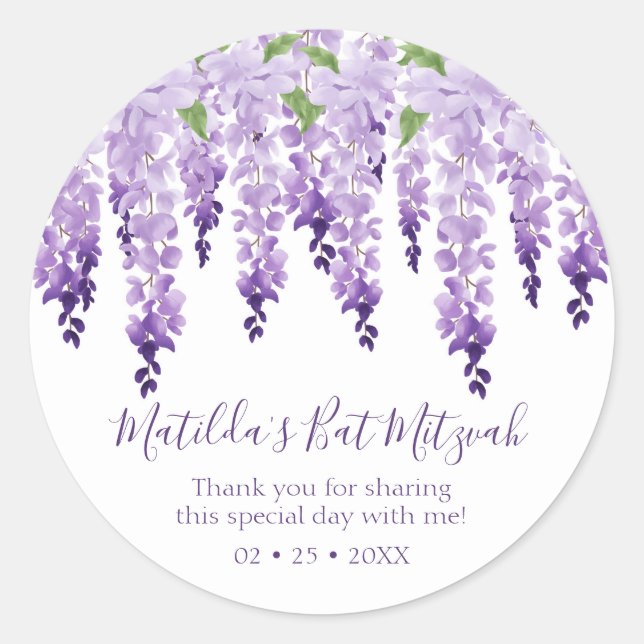 Watercolor Wisteria Thank You | Bat Mitzvah Classic Round Sticker (Front)