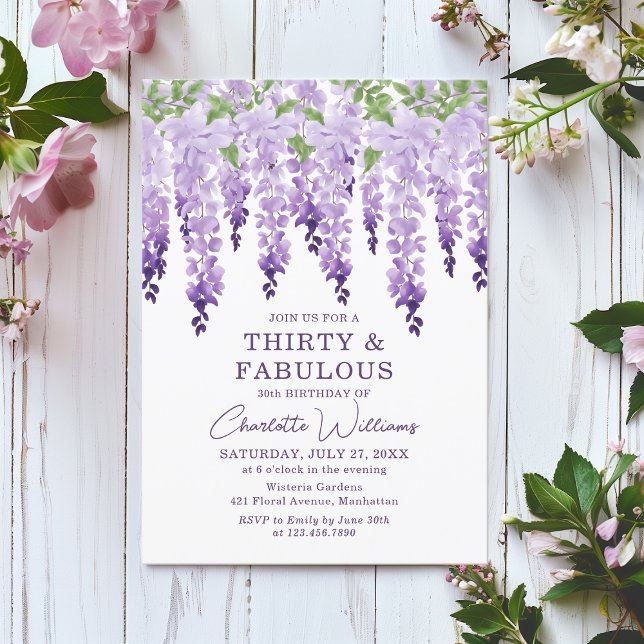 Watercolor Wisteria Thirty & Fabulous Floral Chic Invitation (Creator Uploaded)