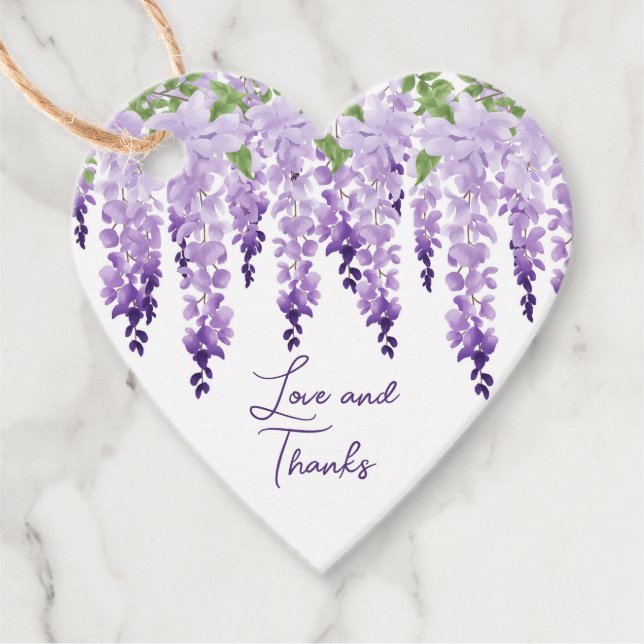Watercolor Wisteria Wedding Love And Thanks Script Favour Tags (Front)