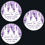 Watercolor Wisteria Wedding Spread The Love Script<br><div class="desc">Watercolor Wisteria Wedding Spread The Love Script Favour Labels features elegant watercolor wisteria flowers in soft lavender and purple with green leaves on a white background with your wedding thank message and the date below. On the reverse is a soft lilac. Personalise by editing the text in the text boxes....</div>