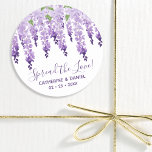 Watercolor Wisteria Wedding Spread The Love Script Classic Round Sticker<br><div class="desc">Watercolor Wisteria Wedding Spread The Love Script Favour Stickers features elegant watercolor wisteria flowers in soft lavender and purple with green leaves on a white background with your wedding thank message and the date below. On the reverse is a soft lilac. Personalise by editing the text in the text boxes....</div>